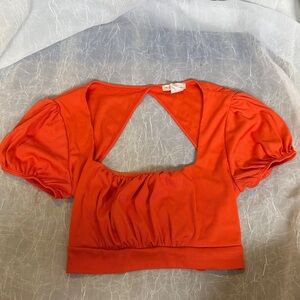 Love Culture Bold Orange Puff Sleeve Crop Top Blouse